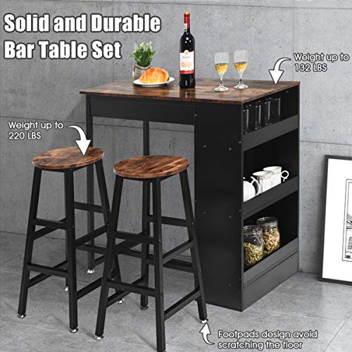 Giantex 3 Piece Pub Dining Set, Wooden Counter Height Table Set with 2 Bar Stools, Industrial Bar Table Set, Sturdy Table with Storage for Kitchen, Restaurant, Living Room (Brown)