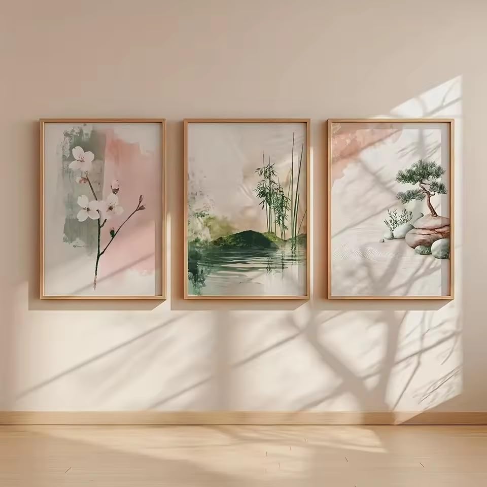 DIHANSM Japandi Zen Landschafts-Wandbild Minimalistische Kirschblüten- und Bonsai-Szenerie (50x70cmx3/Ungerahmt)