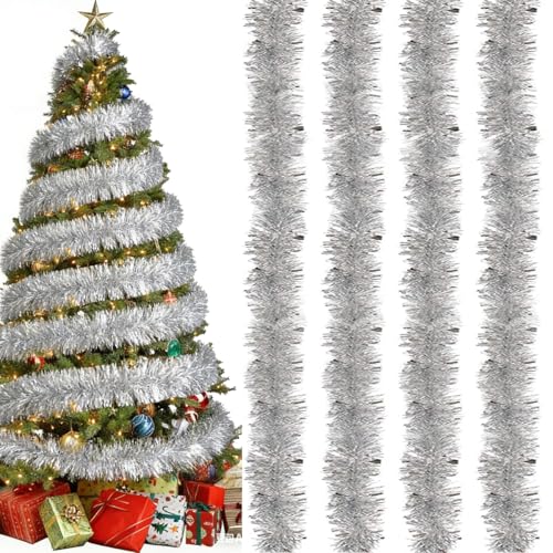 4 Stück Lametta Girlande Silber (8m Set) – Funkelnde Weihnachtsbaum Girlande mit Frost-Optik, Extra Breit (9cm) – Langlebige Christbaum G-irlande für Winter-Deko & Party