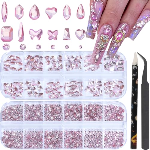 Nail Rhinestones - 3D Multi Shape Size Crystal, Light Pink Nail G...