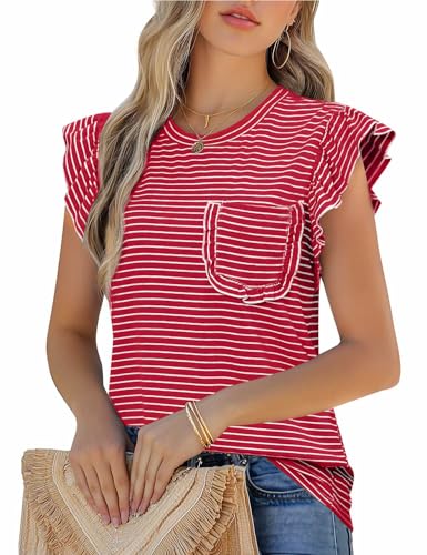JUSTFASHIONNOW Womens Summer Tops Striped T-Shirts 2025 Ruffle Short Sleeve Crew Neck Casual Blouses with Pocket