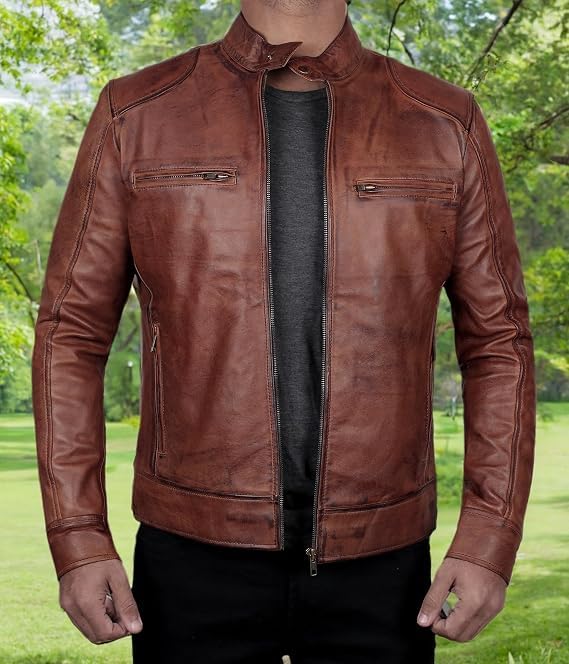 Image of fjackets Mens Leather Jacket - Real Lambskin Cafe Racer Jacket Stand Collar Moto Biker Zip Jacket For Men
