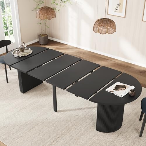 Image of weselon 42 inch-105 inch Extendable Dining Table for 4-12, Expandable Oval Dining Room Table with Fluted Pedestal Base & Reinforced Metal Support Leg, Large Modern Kitchen Table for Dining Room (Black)