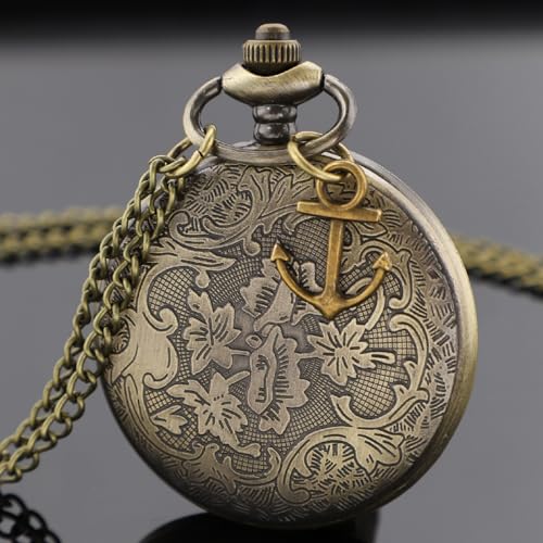 Image of Tiong Pocket Watch Anchor Pattern Design Roman Numerals Quartz with Chain Birthday Gifts