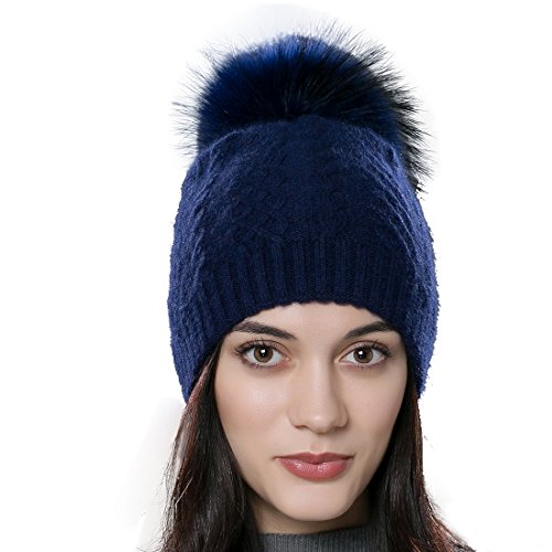 URSFUR Chapeau/Bonnet/Etiquette Femme d'hiver Style Bobble avec PomPon en Fourrure de Renard Raton Laveur Bleu
