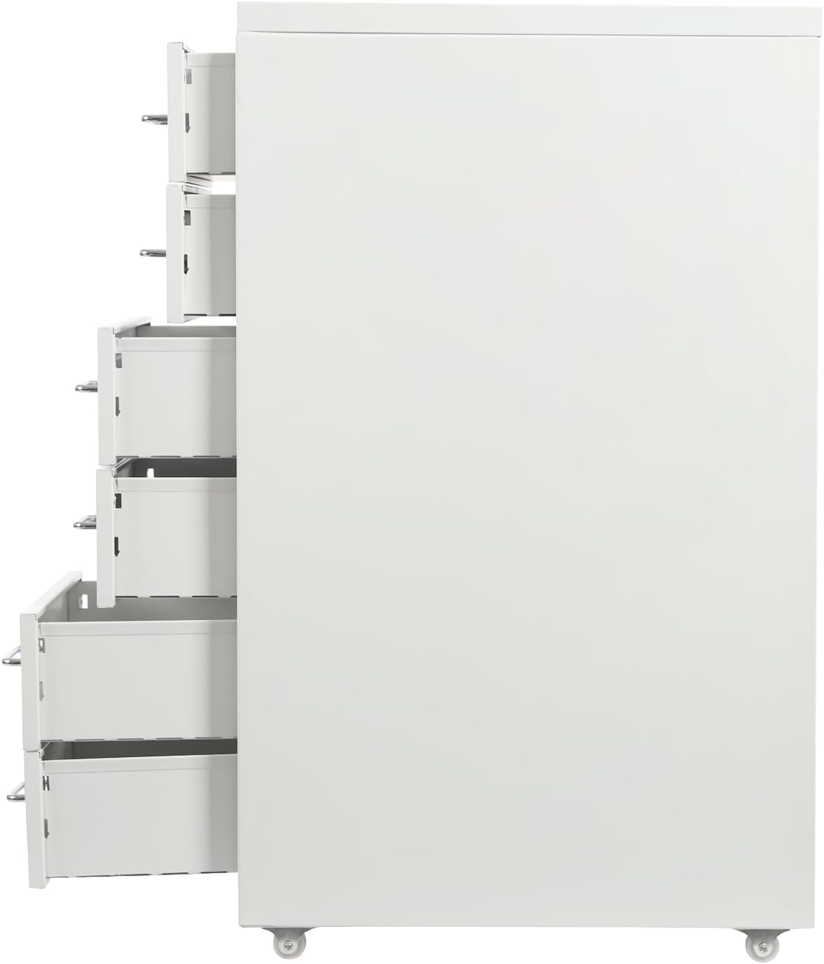 Pinelicorn 27 Inch Rolling Filing Cabinet with one drawer open, showing the interior space.
