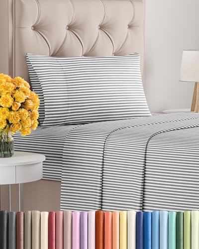 Image of Twin XL Size 3 Piece Sheet Set - Soft & Cooling Bed Sheets - Grey Stripes 1 | Fits 8 Inch to 16 inch Mattress, Wrinkle Free & Fade Resistant with Deep Pockets, Breathable, Comfy Hotel Luxury Bedding