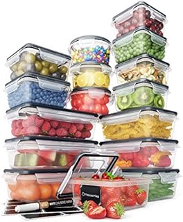 32 Piece Food Storage Containers Set with Easy Snap Lids (16 Lids + 16 Containers) - Airtight Plastic Containers for Pantry & Kitchen Organization - BPA-Free Food Containers with Free Labels & Marker