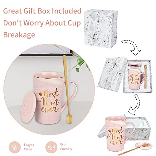 Livole Verjaardagscadeaus voor moeder, mama, mam grappige kerstcadeaus koffiemokken voor moeder, Moederdag geschenken, beste moeder ooit, 414 ml (14 oz) keramische marmeren koffiemok theekop met deksel, goud kleurige lepel en geschenkdoos, roze - Afbeelding 4