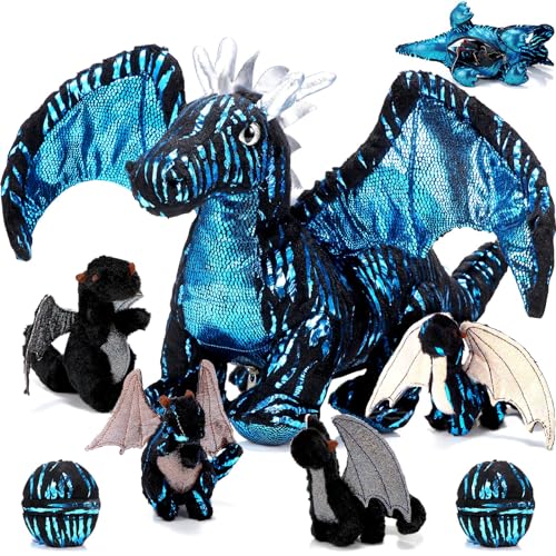 Deekin 7 Pcs Dragon Toy Set 16 Inch Large Dragon Stuffed Animal with 4 Baby Plush and 2 Eggs in Mommy's Belly Dinosaur Plushies Gifts for Boys Girls Birthday(Cool Style)