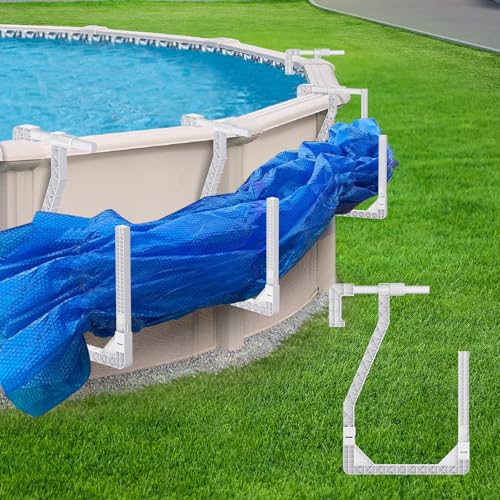 Pathneer Solar Cover Holder for Above Ground Pool 4 Pack Adjustable Pool Cover Hooks to Keep Solar Blanket Off Ground No Drill No Rust Strong & Stable Fits 1.27.3 Top Rail White