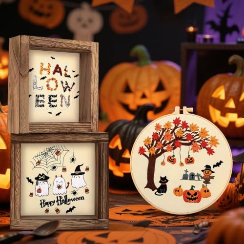Image of ElasignShopo 5 Sets Halloween Embroidery Kit for Adult Beginners Pumpkin Bat Embroidery Starter Kit Halloween Cross Stitch Kits Needlepoint Kits Includes Instruction 2 Hoops Color Threads Needles