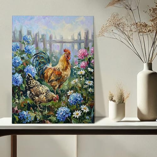 Impression florale de poulet bleu vert sur toile style ferme de qualité