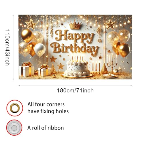 Image of Happy Birthday Backdrop Banner 70.8 x 43.3 Inch, Gold Crown Balloon Cake Candle Glitter Elegant Party Decorations for Men Women Adults, Luxury Photo Booth Background with Hanging Rope