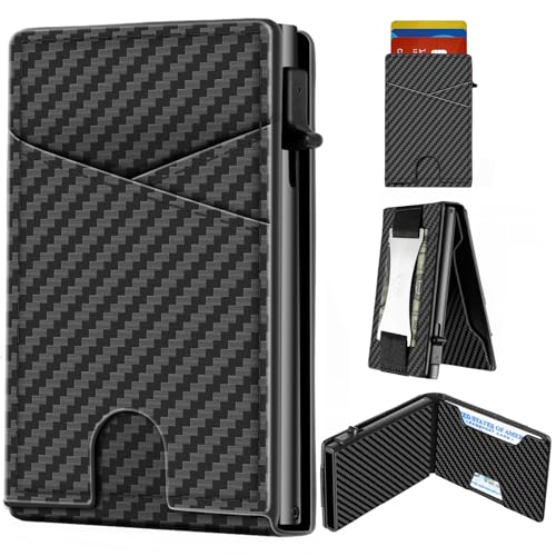 Wallet for Men with Money Clip, Slim Minimalist Metal RFID Blocking Wallets for Men, Pop Up Aluminum Case, 10 Credit Card Capacity, Front Pocket, Cash Slot, Leather