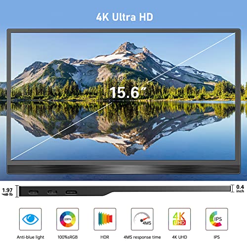 Image of 4K Portable Monitor, 3840x2160 15.6'' FHD 4K Laptop Monitor IPS Display with USB Type C & Mini HDMI Port Built-in Speakers & Cover Travel Monitors Compatible with PC, MacBook