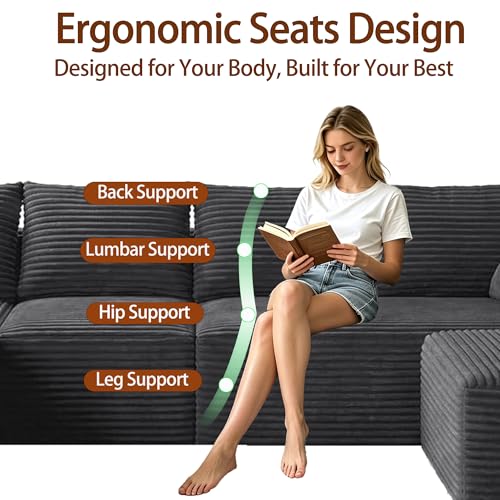 Image of 118 inch U-Shaped Modular Sectional Sofa, Corduroy Cloud Couch with Chaise & Ottoman, Oversized Deep Seat Boneless Couches for Living Room, No Need Assembly - Grey (Left Facing Chaise)