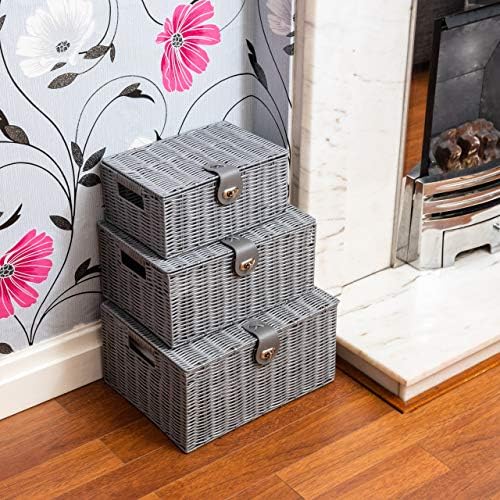 ARPAN Set of 3 Resin Woven Storage Basket Box with Lid & Lock Grey, Large, Medium, Small