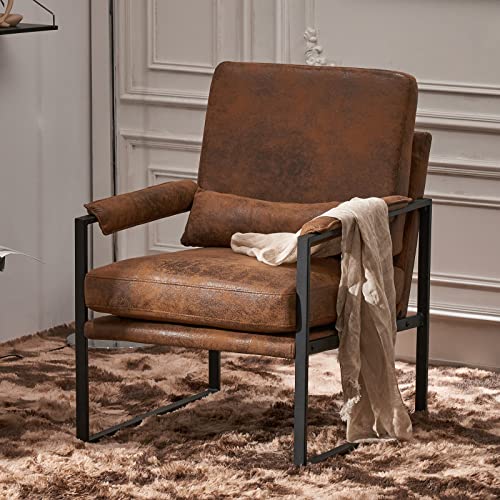 Image of Bonnlo Modern Accent Chair, Compact Armchair with Metal Frame, Plush Back Pillow and Seat Cushion Tub Chair Perfect for Livinig Room, Bedroom,Home Office, Brown