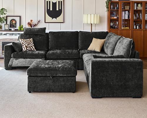 Image of Oversized Modular Sectional Sofa with Power Recliner, Plush Cloud Couch with Headrest, Convertible Deep L-Shaped 6 Seater with Corner and Storage Ottoman, Chenille, Black