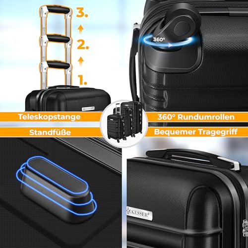 KESSER® 3tlg. Hartschalenkofferset Hartschalenkoffer Reisekoffer Set Reisekofferset Trolley Koffer 4 Rollen ABS-Hartschale Teleskopgriff Inkl. Kofferwaage + Gepäckanhänger Rollkoffer Schloss, M-L-XL