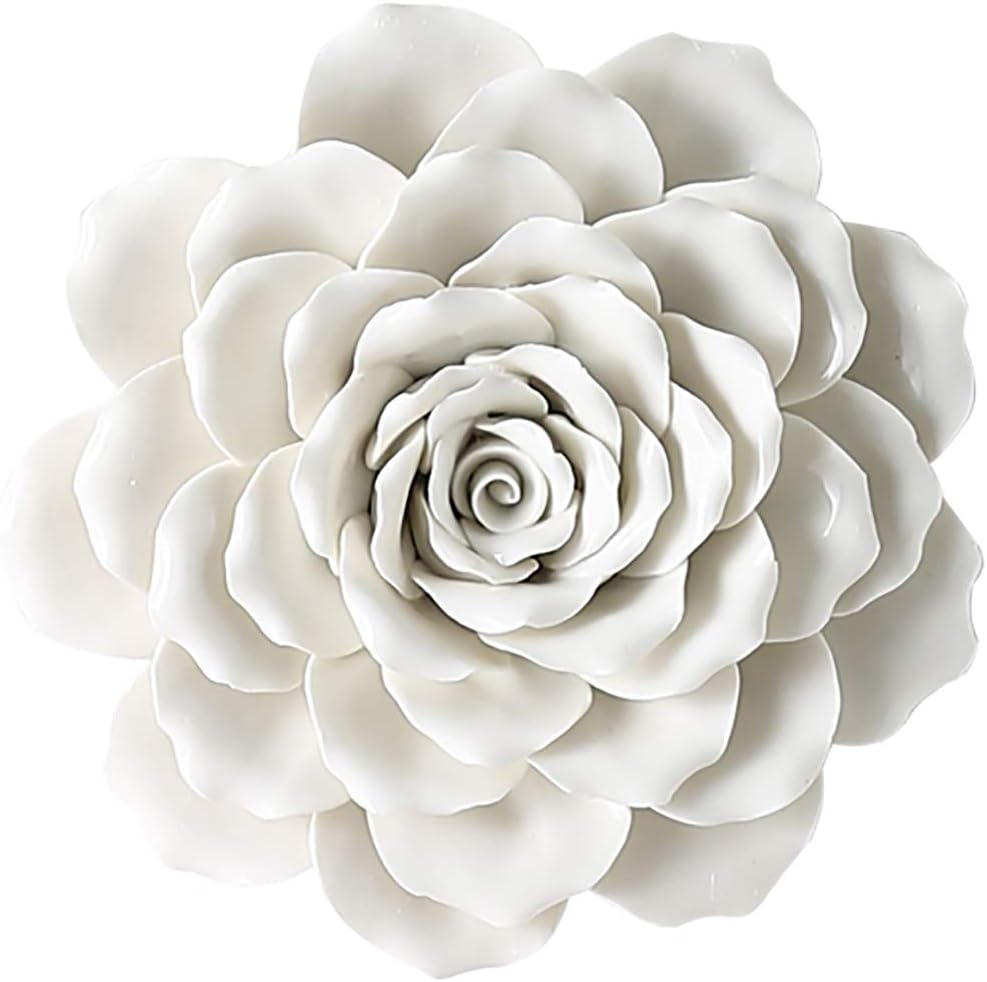 Rose Ceramic Flower Wall Décor Artificial 3D Flower Wall Art for Living Room Home Hallway Bedroom Kitchen Farmhouse Bathroom Dining Room, White, 3.54 inch