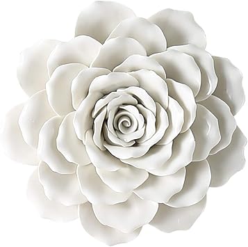 Rose Ceramic Flower Wall Decor Artificial 3D Flower Wall Art for Living Room Home Hallway Bedroom Kitchen Farmhouse Bathroom Dining Room, White, 7.08 inch