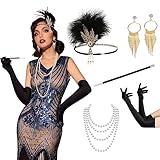 HinyBoeh 1920s Accessories Set for Women Great Gatsby Flapper Costume Feather-Headband Necklace Gloves Earrings 5Pcs