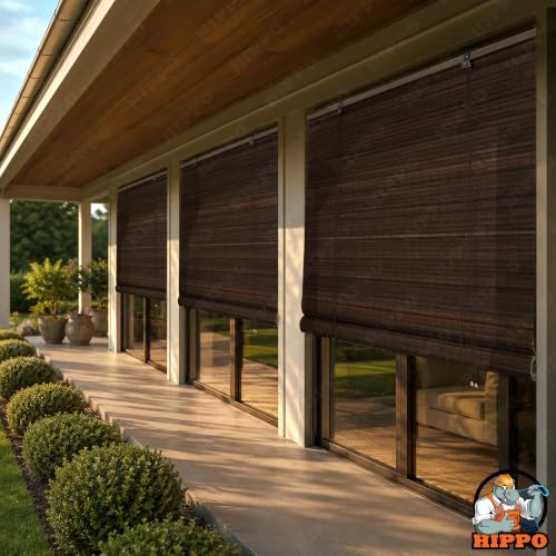 Image of HIPPO Bamboo Curtains - W-4FTXH-5FT Rope Mechanism Roll Up Down Indoor Bamboo Shade for Sun & Dust Protection for Home Window, Balcony, Restaurant, Hotel, Resort (Dark-Coffee)