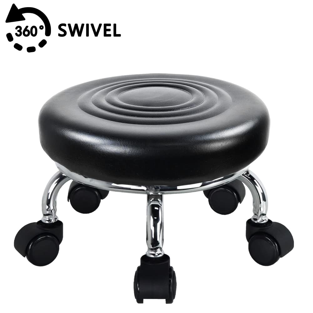 WKWKER moderno sedile a rullo in pelle PU basso rotonda sgabello girevole piccolo sgabello con ruote girevoli universali per home office garage negozio fitness sport, H: 21,3 cm (nero)