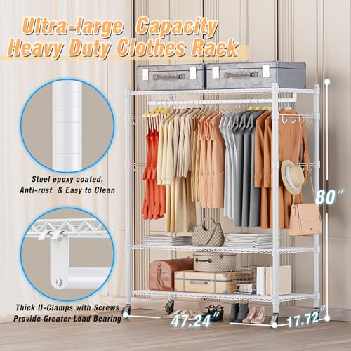 Image of Homdox 3 Tier Garment Rack with Wheels, Portable Closets for Hanging Clothes Heavy Duty, Closet Racks and Shelving with Double Hanger Rods & Side Hooks, White