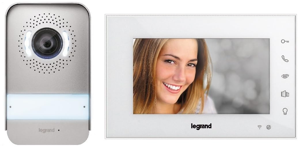 LEGRAND, Wifi 360915 - Kit de videoportero (conexión de 2 cables, monitor a color brillante de 7 pulgadas y cámara gran angular, conexión para smartphone, control p. App, 1/2 casa familiar, fuente de