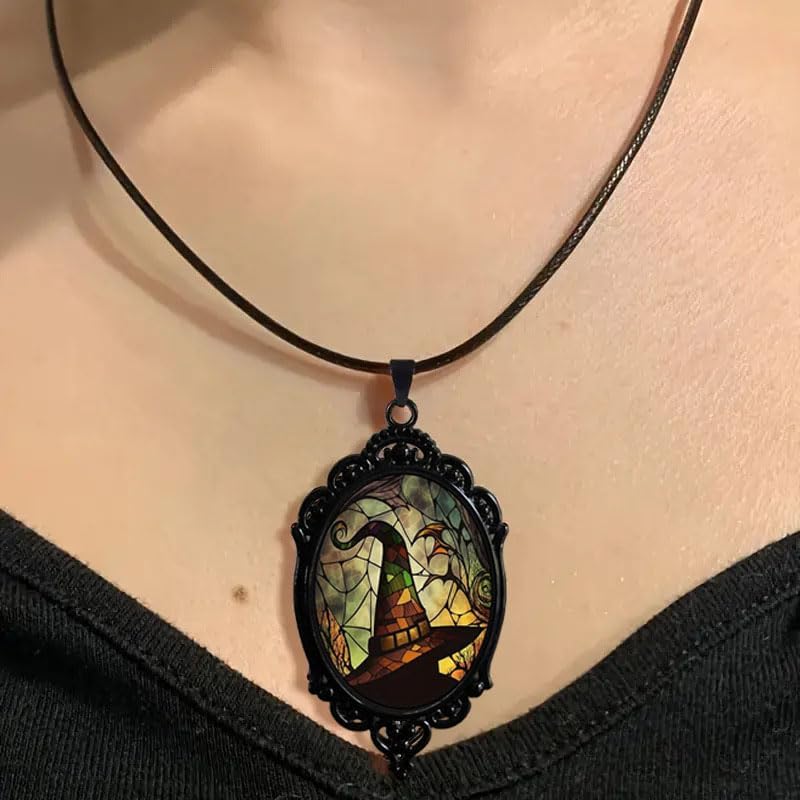 coadipress Halloween Gothic Witch Necklace Earrings Set for Women Mystery Witch Earrings Punk Style Witches Necklace Gothic Victorian Earring Vintage Crystal Glass Cameo Earrings Halloween Jewelry - Image 2