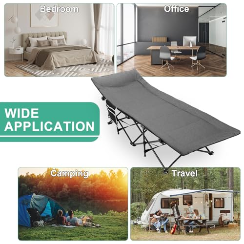 LIANTRAL Camping Cot for Adults with Cushion and Pillow, Portable Folding Bed for Sleeping, Supports 500 lbs, Lightweight Camping Cots for Outdoor Travel Camp Beach Vacation (Grey)