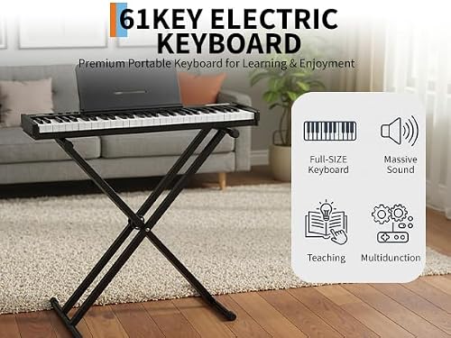61 Key Keyboard Piano,Electric Piano Keyboard Kit with 128 Demos,128 Rhythms - Includes Piano Stand,Bag,Microphone,Pedal,Charge,Gift for Beginners,Black.