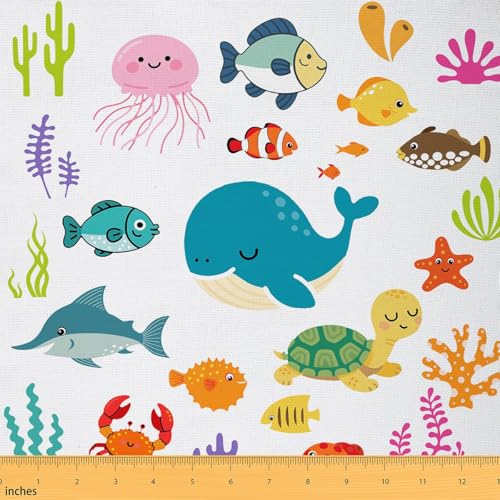 Cartoon Ocean Animal Fabric by The Yard Cute Octopus Whale Turtle Fish Sea Creature DIY Craft Hobby Fabric by The Yard Watercolor Seaweed Plant Decor Fabric for Upholstery and Home Accents,5 Yards