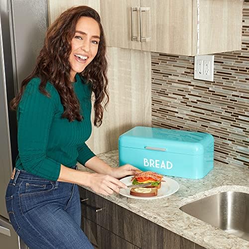 Home Basics Metal Bread Box with Lid, Turquoise, 16.7x9.5x6.5 Inches