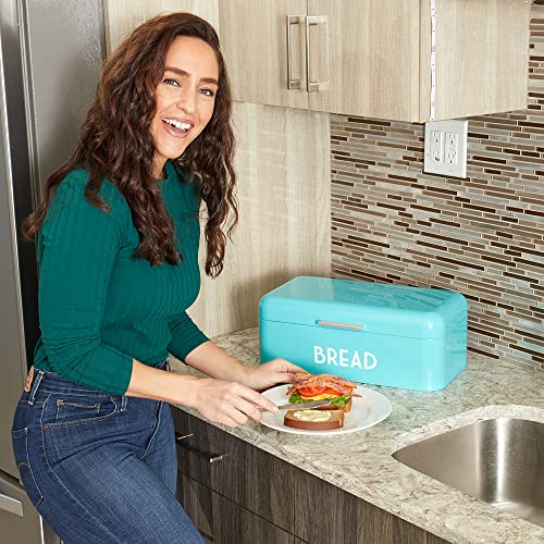 Retro Bread Box For Kitchen Countertop, Metal, (Turquoise) By Home Basics, Vented With Hinge Top Large Bread Box Keeps Loaves, Bagels, Croissants Fresh #TOP4