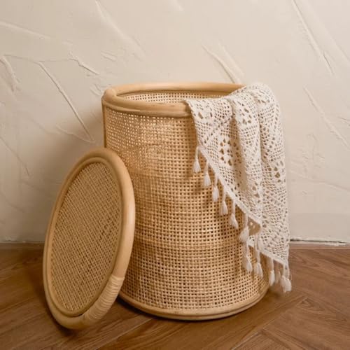 Image of wicker Laundry Basket with Lid| round laundry basket with lid | storage Laundry Hampers(16 inchD, 18 inchH)(Beige)