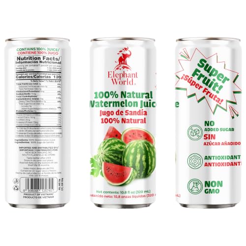 Image of Elephant World 100% Natural Watermelon Juice | Jugo de sandia 100% natural | NON GMO | 10.8 oz (Pack of 6), Watermelon