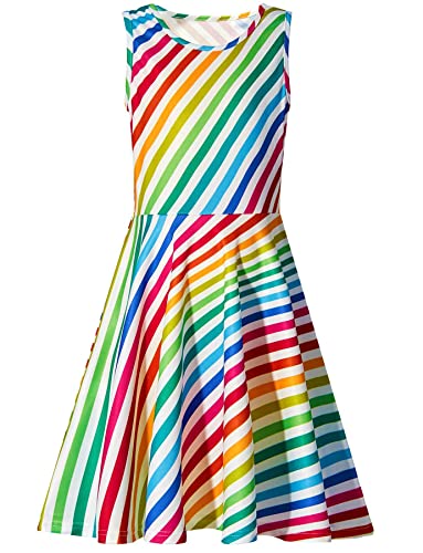 Primary School Student's One Piece Sleeveless Big Kids Colorful Stripes A-Line Dress Vintage Floral Dresses For Girls Aged 8-9 Years Old #TOP13