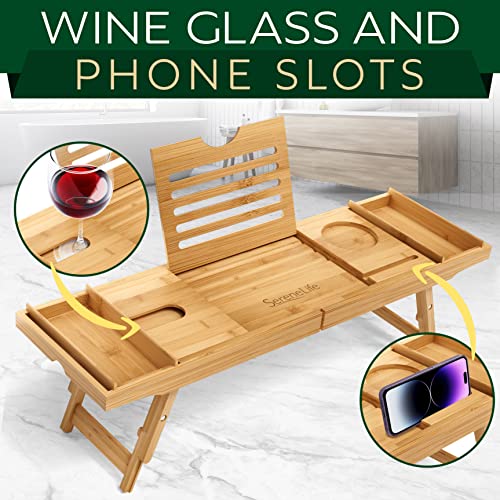 Serenelife Bath Caddy Breakfast Tray Combo - Natural Bamboo Wood Waterproof Tub And Bed With Folding Slide-Out Arms, Device Grooves, Wine Glass Soap Holder #TOP4
