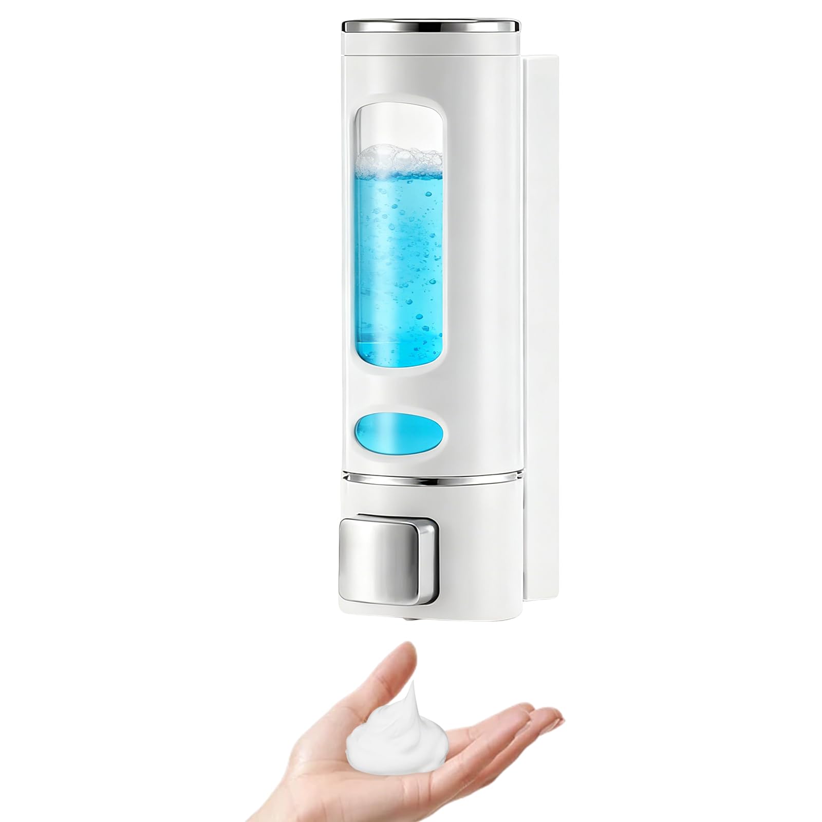 Wall Mounted Soap Dispenser, 400 ml Wall Soap Dispenser, No Drilling, Even Liquid Release, Shampoo Shower Gel Dispenser for Shampoo, Conditioner, Shower Gel, Liquid Soap (White)