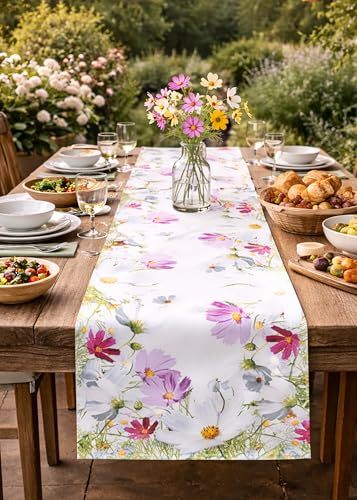 KAMACA Tischläufer Frühlingszauber 40x140 cm Läufer mit Wiesenblumen-Print Florale Tischwäsche für Küche & Esstisch Waschbar & Langlebig für Indoor & geschützten Outdoor-Bereich