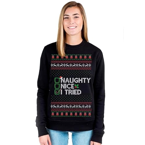 fresh tees Suéter feminino Naughty Nice I tried Ugly Christmas | Moletom unissex com gola redonda, P