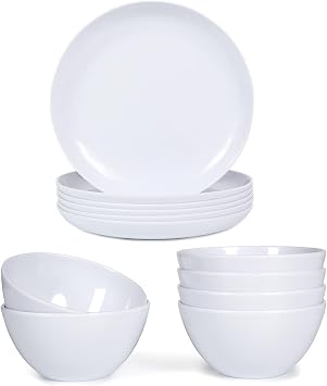 Webbylee 6pcs 20oz Melamine Cereal Bowls set -6pcs 8inch Melamine Pasta Plates for Daily Use, Dishwasher Safe, Durable,Breat-resistant White