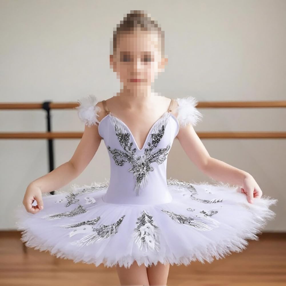 tutù Professionale Bianco per Bambine, Gonna da Ballerina per Pattinaggio Artistico, Costume da Ballerina del Lago dei Cigni, Abbigliamento da Allenamento （160 cm）