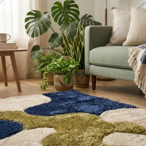 Image of Tauhid Carpet Super Soft Microfiber Shaggy Area Rug Modern Abstract Green Blue & Cream Plush Carpet | Fluffy Floor Rug for Living Room, Bedroom 6x9 Feet.