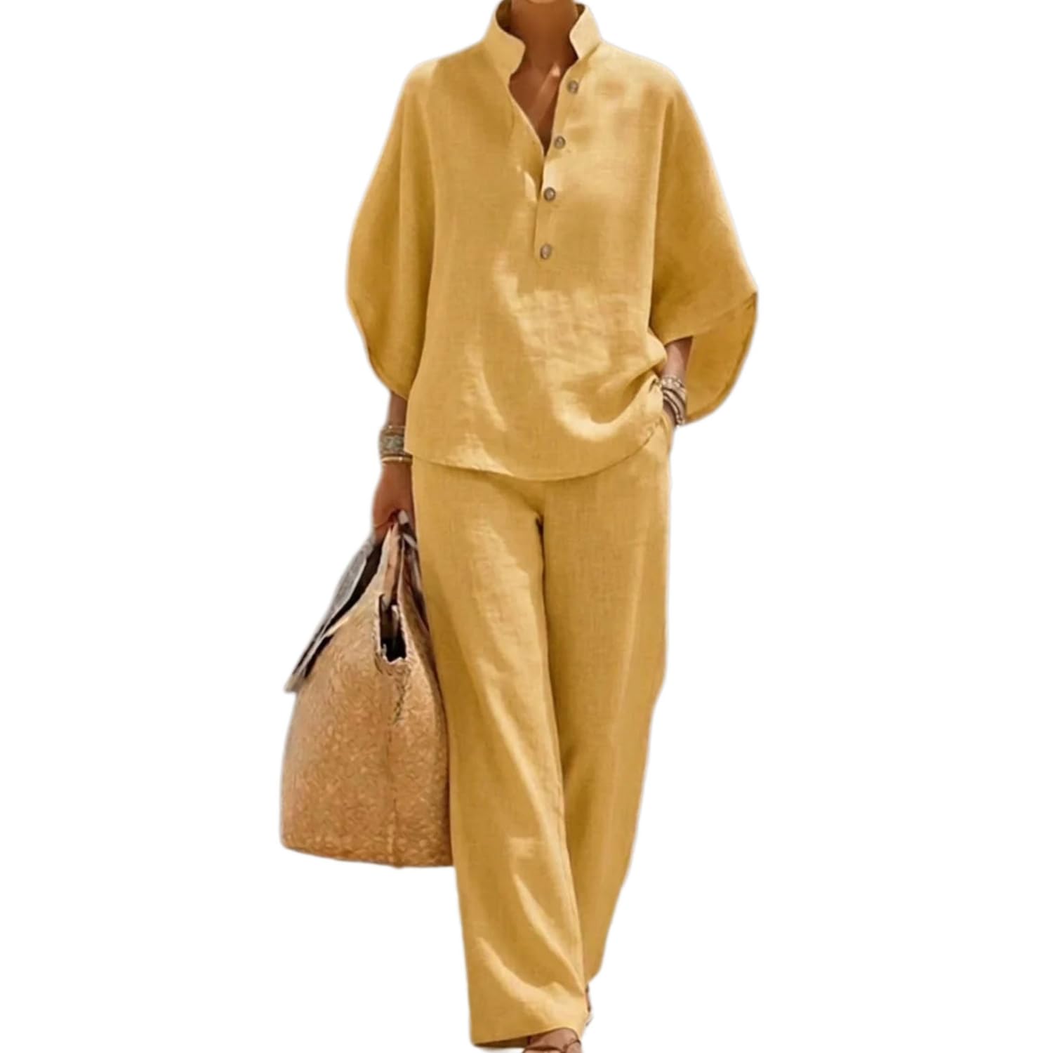 Completo due pezzi da donna in lino e cotone con maniche a pipistrello: camicia casual e pantaloni a gamba larga, completo estivo casual in lino, top con maniche a pipistrello a 3/4