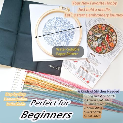 Image of FONNUY Embroidery Kit for Beginners, Birds with Flowers Pre-Stamped Pattern Kits for Adults with Hoop, Easy to Follow Color Thread Needlework, 8'' Hoop (Red)
